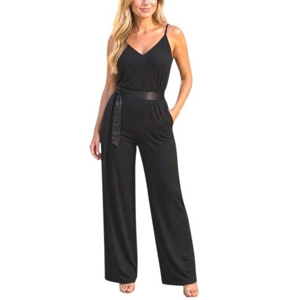 NWT Bisou Bisou Black Spaghetti Strap V-neck Belted Jump Suit - Small